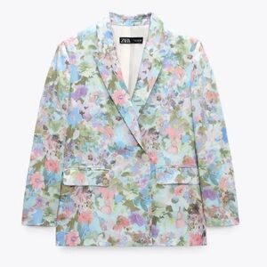 ZARA Multicolor Satin Floral Blazer in Light Blue, Pink, Green, Lavender Size S